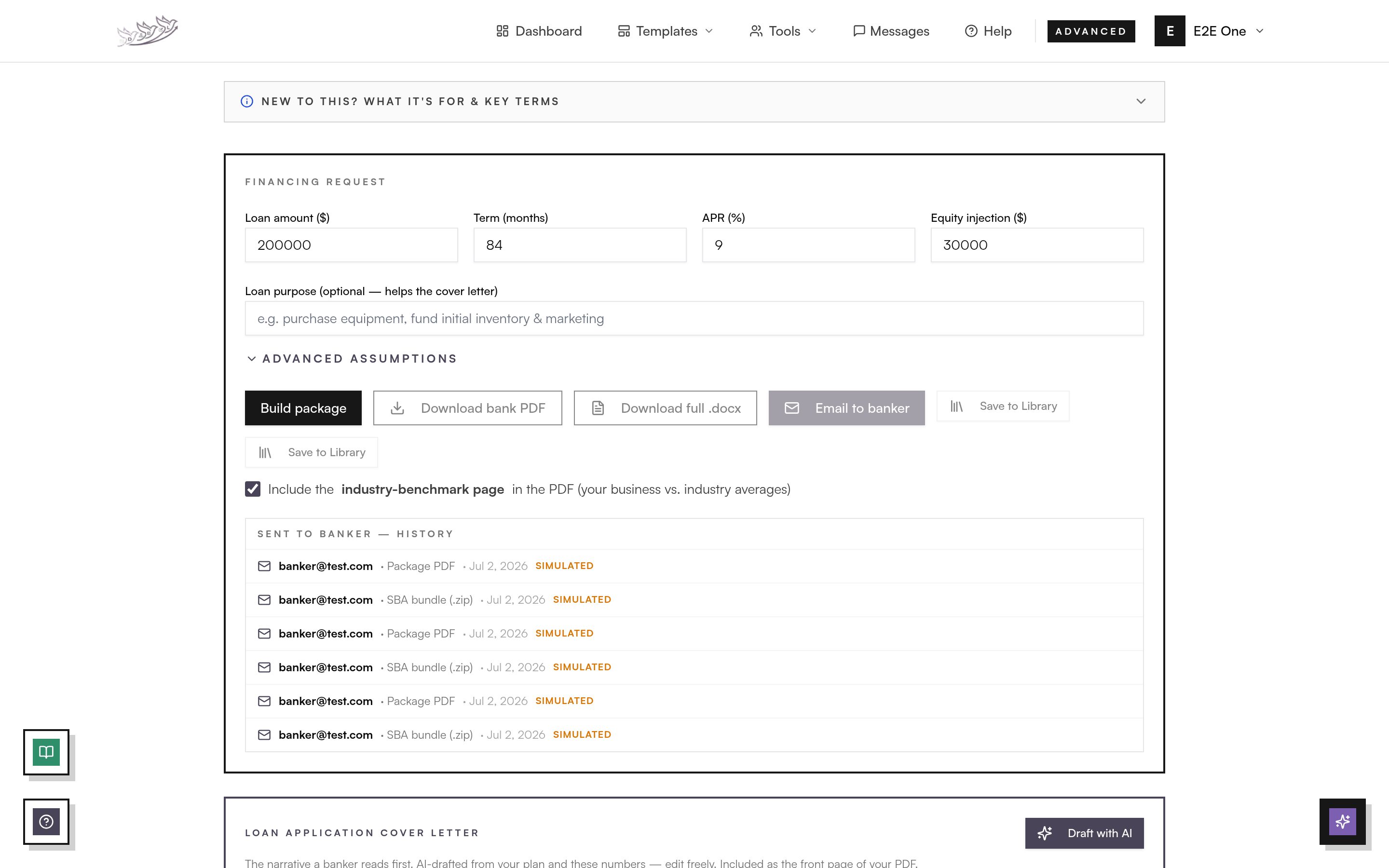 Three Little Birds Loans page with amount, term, APR, equity injection and a bank-ready PDF export flow