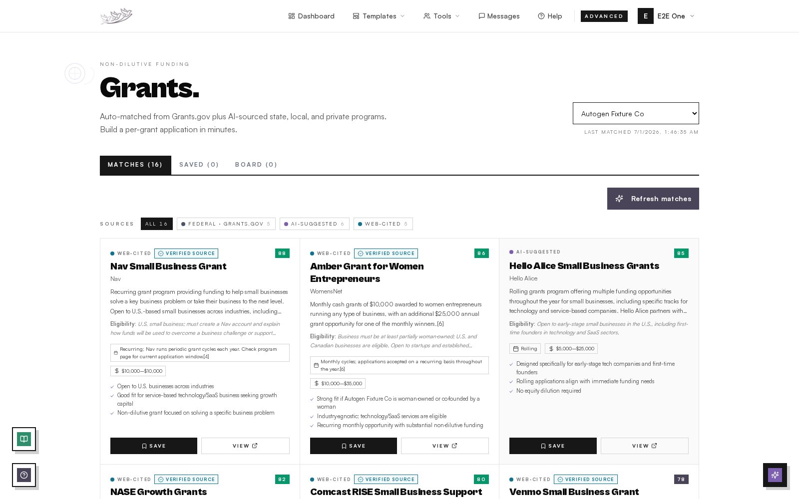 Three Little Birds grants finder showing matches from Grants.gov, SAM.gov, AI-suggested and web-cited private programs